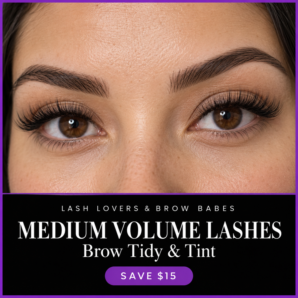 Medium Volume lash extensions with brow tidy and tint — natural skin tones and black and purple package branding